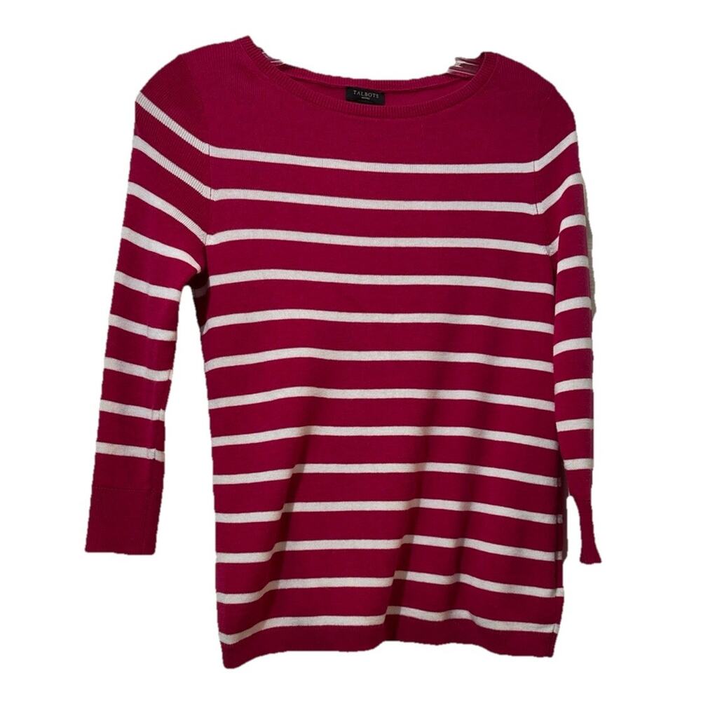 Talbots Petite Size P/XS Pink White Striped Sweater Button Details 3/4 Sleeves